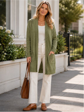Seasalt Cornwall Wool Cardigan Women 14 US Long Open Knit Cozy Cottagecore Olive